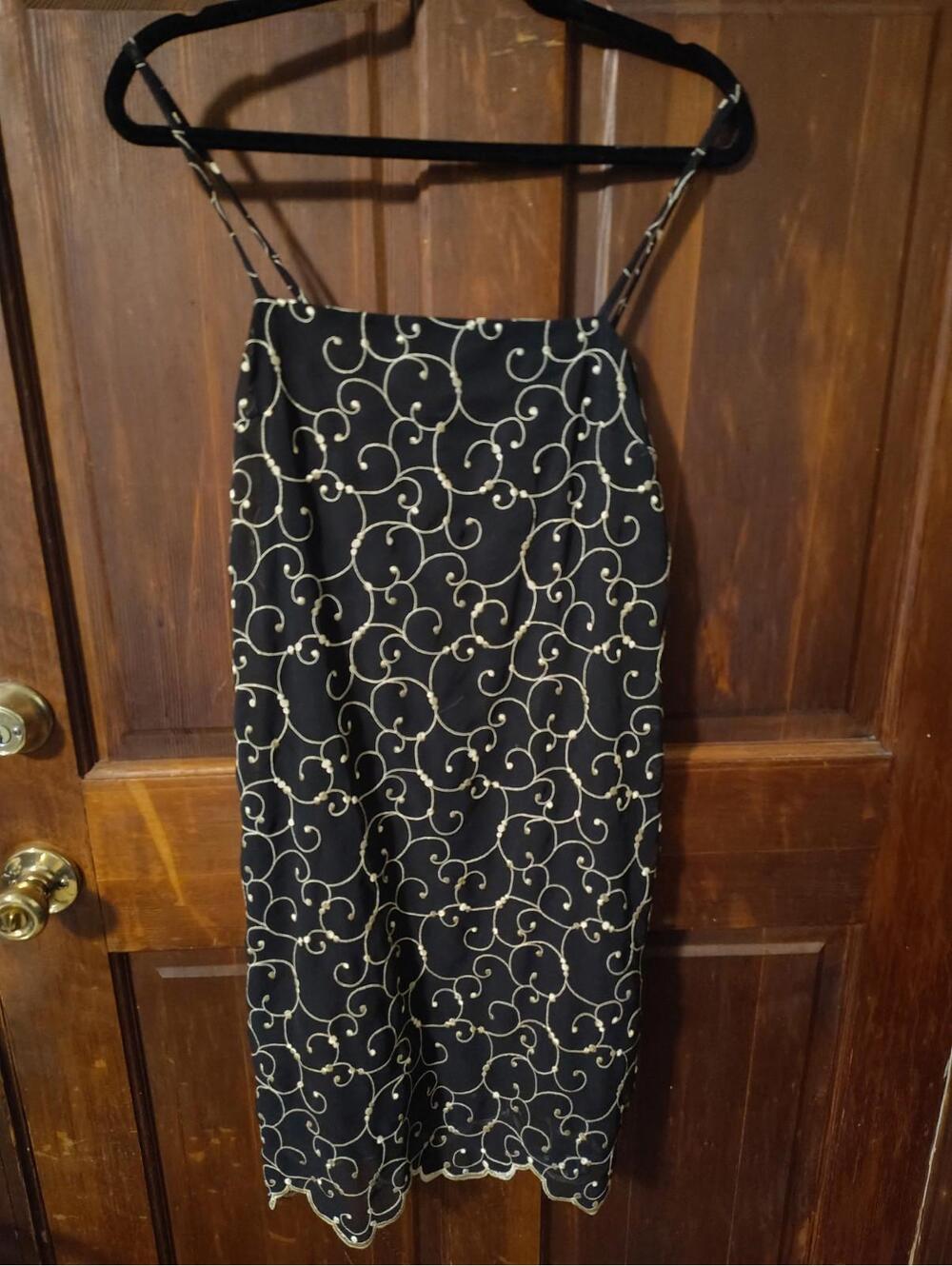 Vintage Barami Black Print Sleeveless Striped Seam Stitch Cami Tank Slip Dress 8